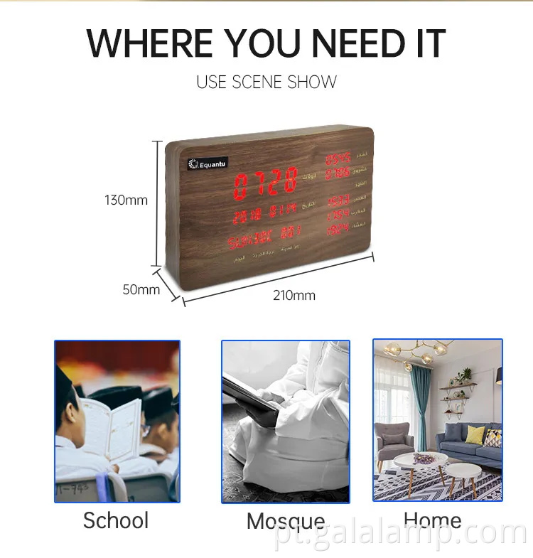 Equante Muslim Blue Tooth Conexão do despertador Hora de exibição de aprendizado Alto -falante de madeira SQ600 Presente de oração muçulmano